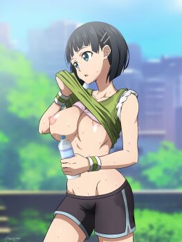 1girl accidental_exposure black_hair black_shorts blue_eyes blurry blurry_background bob_cut bottle bra bra_lift breasts clothes_lift commentary_request green_tank_top hair_ornament hairclip highres holding holding_bottle kirigaya_suguha large_breasts looking_ahead mysteryctu nipple_slip nipples open_mouth outdoors paid_reward_available park shirt_lift short_hair short_shorts shorts signature solo sportswear sweat sweatband sword_art_online tank_top underwear wardrobe_malfunction water_bottle wiping_face wiping_sweat wiping_with_clothes