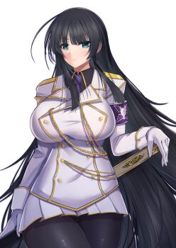 1girl absurdres armband black_hair black_pantyhose black_shirt blue_eyes breasts cela_f commentary_request commission cowboy_shot gloves gold_trim highres hime_cut huge_breasts ikaruga_(senran_kagura) long_hair looking_at_viewer miniskirt necktie pantyhose pleated_skirt purple_armband purple_necktie senran_kagura sheath shirt skeb_commission skirt solo very_long_hair white_gloves white_skirt