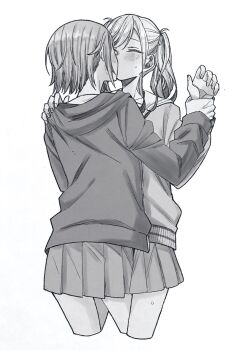 2girls blush greyscale hand_on_another&#039;s_shoulder highres hinomori_shiho holding_another&#039;s_wrist hood hoodie kiss leg_between_thighs monochrome multiple_girls mygod55555 pleated_skirt project_sekai school_uniform serafuku short_hair skirt sweat tenma_saki twintails yuri