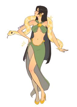 1girl black_hair blueberriena boa_hancock closed_mouth commentary english_commentary eyelashes full_body green_skirt halterneck hand_on_own_hip high_heels highres long_hair navel one_piece shoes side_slit sidelocks skirt snake twitter_username yellow_shoes