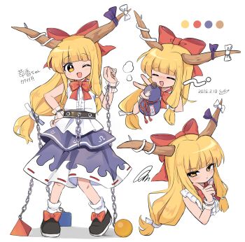 Rule 34 | 1girl, ball and chain restraint, black shoes, blonde hair, blush, bow, bowtie, brown horns, closed mouth, color guide, commentary, dated, fang, footwear bow, full body, gourd, hair bow, hand on own hip, highres, holding, holding gourd, horn bow, horn ornament, horns, ibuki suika, long hair, looking at viewer, multiple views, one eye closed, oni, open mouth, purple skirt, ramudia (lamyun), red bow, red bowtie, shirt, shoes, signature, simple background, skin fang, skirt, smile, squiggle, touhou, translation request, very long hair, white background, white bow, white shirt, wrist cuffs, yellow eyes