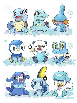 :d ^_^ animal_focus arm_up arms_up bird blue_eyes bright_pupils closed_eyes commentary_request fangs fangs_out freckles froakie frog gen_1_pokemon gen_2_pokemon gen_3_pokemon gen_4_pokemon gen_5_pokemon gen_6_pokemon gen_7_pokemon gen_8_pokemon highres mudkip nintendo no_humans one_eye_closed open_mouth oshawott penguin piplup pokemon pokemon_(creature) popplio quaxly red_eyes saki_pokeoekaki sitting smile snout sobble squirtle tail totodile unown unown_i unown_m unown_u unown_z white_background white_pupils