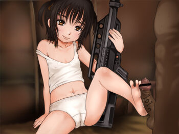 1girl age_difference anti-personnel_mine anti-personnel_weapon automatic_shotgun bad_id bad_pixiv_id barefoot bethesda blow-forward_firearm blush bomb brown_eyes brown_hair bullpup cameltoe cylinder cylinder_(weapon) dark-skinned_male dark_skin e10 explosive fallout fallout_3 feet flat_chest footjob gas-seal_revolver gun hetero interracial lightning_holes loli midriff mine_(weapon) pancor_corporation pancor_jackhammer panties penis precum prototype_design revolver_shotgun shotgun smile solo toes undershirt underwear weapon white_panties