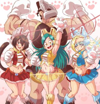 Rule 34 | 1boy, 3girls, animal hands, arm up, blonde hair, blue eyes, boku no hero academia, breasts, brown hair, cat tail, flexing, gloves, highres, lewdamone, mandalay (boku no hero academia), multiple girls, muscular, muscular male, paw gloves, pixie-bob (boku no hero academia), ragdoll (boku no hero academia), skirt, smile, tail, tiger (boku no hero academia), yellow eyes