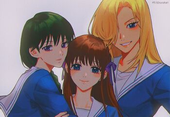 Rule 34 | 3girls, blonde hair, blue eyes, blue ribbon, blunt bangs, braid, braided ponytail, brown hair, eyelashes, fruits basket, green hair, hair over one eye, hair ribbon, hanajima saki, honda tohru, hug, long hair, looking at viewer, multiple girls, ribbon, school uniform, side ponytail, simple background, smile, sun ah, twitter username, uotani arisa, upper body