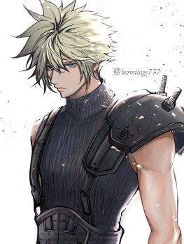 1boy armor birthday blonde_hair blue_eyes closed_mouth cloud_strife debris final_fantasy final_fantasy_vii final_fantasy_vii_remake ha_lu77 hair_between_eyes highres looking_at_viewer male_focus short_hair shoulder_armor simple_background single_bare_shoulder sleeveless sleeveless_turtleneck solo spiked_hair suspenders sweater turtleneck turtleneck_sweater twitter_username upper_body