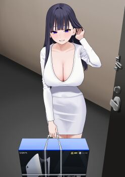 1girl absurdres black_hair blunt_bangs box brand_name_imitation breasts cleavage collarbone commentary_request dongtan_dress door doorknob dress earrings fffukuzawa game_console grin hand_up highres holding holding_box jewelry large_breasts long_hair long_sleeves open_door original playstation_5 purple_eyes smile solo tucking_hair white_dress