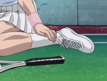 00s 1girl 2002 animated animated_gif ankle_hold bible_black bible_black_gaiden breasts brown_hair closed_eyes collared_shirt female_focus headband injury large_breasts long_hair miniskirt pleated_skirt polo_shirt racket shirt shoes short_sleeves sitting skirt sneakers socks solo sportswear sprain tagme tennis tennis_court tennis_racket tennis_uniform wristband