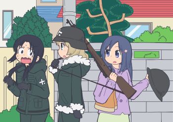 Rule 34 | 3girls, absurdres, arisaka, black eyes, black hair, blonde hair, blue eyes, blush, bolt action, brick wall, brodie helmet, chito (shoujo shuumatsu ryokou), city (arawi keiichi), coat, combat helmet, commentary, cowboy shot, english commentary, fur trim, green coat, green pants, gun, helmet, highres, holding, holding gun, holding weapon, long hair, long sleeves, looking at another, looking to the side, low twintails, military uniform, multiple girls, mushroomsucy, naganohara yoshino, nichijou, open mouth, outdoors, pants, purple shirt, rifle, shirt, shoujo shuumatsu ryokou, stahlhelm, theft, twintails, v-shaped eyebrows, weapon, yuuri (shoujo shuumatsu ryokou)