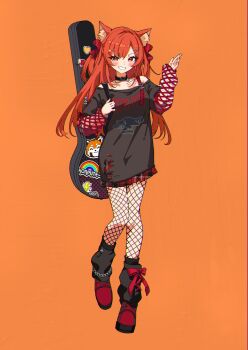 1girl absurdres animal_ear_fluff animal_ears arm_up baggy_clothes black_choker black_shirt blush boots bow breasts choker commentary_request fishnet_arm_warmers fishnet_pantyhose fishnet_thighhighs fishnets guitar_case hair_bow hair_ornament hairclip heart heart_o-ring highres instrument_case long_hair long_sleeves looking_at_viewer medium_breasts miniskirt nijisanji nishinoda o-ring off-shoulder_shirt off_shoulder orange_background orange_eyes orange_hair pantyhose parallel_hairclips plaid_clothes plaid_skirt pleated_skirt punk ratna_petit red_boots red_bow red_panda red_panda_ears red_panda_girl red_skirt shirt skirt sleeves_past_wrists smile solo teeth thighhighs two_side_up virtual_youtuber
