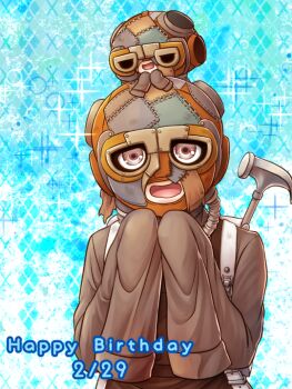 2boys argyle_background backpack bag black_eyes blue_background brown_eyes brown_shirt chibi clone commentary_request danganronpa_(series) danganronpa_another_episode:_ultra_despair_girls dated english_text hammer happy_birthday helmet kemuri_jataro long_sleeves male_focus multiple_boys open_mouth patchwork_clothes shirt simple_background sleeves_past_fingers sleeves_past_wrists smile solid_eyes sparkle turtleneck turtleneck_shirt upper_body white_bag yumaru_(marumarumaru)