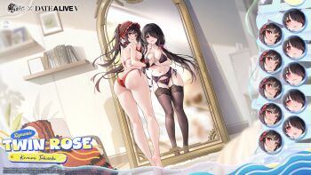 1girl ass azur_lane bikini black_bra black_garter_belt black_garter_straps black_hair black_panties black_thighhighs bra breasts butt_crack cleavage clock_eyes curvy date_a_live different_reflection english_text from_behind garter_belt garter_straps hair_over_one_eye heterochromia highres huge_ass indoors large_breasts lingerie long_hair looking_at_viewer looking_back mirror multiple_expressions navel official_art panties parted_lips promotional_art red_bikini red_eyes reflection side-tie_bikini_bottom smile stomach swimsuit symbol-shaped_pupils thick_thighs thighhighs thighs tokisaki_kurumi underwear underwear_only very_long_hair wide_hips