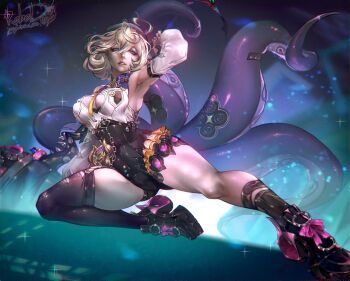 1girl absurdres arm_up armpits artist_name asymmetrical_shorts bare_shoulders beret black_hat black_shoes blonde_hair breasts button_gap chain cowlick dark_background detached_sleeves footwear_ribbon full_body garter_straps hair_between_eyes hammer hashtag-only_commentary hat high-waist_shorts highres holding holding_behind_back holding_hammer holding_weapon holding_weapon_behind_back large_breasts looking_at_viewer mole mole_under_mouth on_one_knee parted_lips purple_eyes rebel_6bb shirt shoes short_hair shorts single_garter_strap single_thighhigh solo sparkle suction_cups tentacle_girl tentacle_tail tentacles thighhighs torn_clothes torn_thighhighs twitter_username weapon white_shirt yidhari_murphy zenless_zone_zero