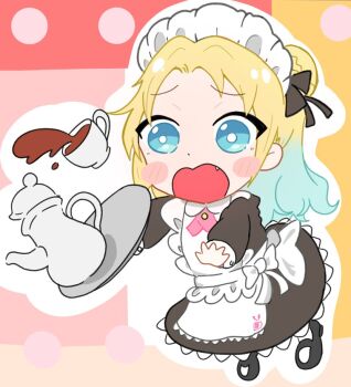 Rule 34 | 1girl, apron, black dress, black shoes, blonde hair, blue eyes, blue hair, blush, blush stickers, chibi, chibi only, cho toutoi love, commentary, cup, dress, dropping, fang, frilled apron, frills, full body, gradient hair, hair bun, link! like! love live!, long dress, long sleeves, love live!, maid, maid apron, maid headdress, mary janes, multicolored hair, official alternate costume, open mouth, osawa rurino, outline, parted bangs, pink background, raised inner eyebrows, shoes, single hair bun, solo, subayuu (my5hadtv1abyku9), tea, teacup, teapot, tray, virtual youtuber, white apron, white outline