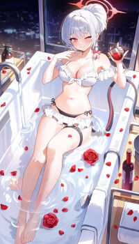 1girl absurdres alcohol bare_shoulders barefoot bathtub belt bikini bikini_skirt black_belt blue_archive blush bottle bow breasts bucket city city_lights cleavage closed_mouth collarbone commentary cup drinking_glass esseppd faucet feet flower frilled_bikini frills front-tie_bikini_top front-tie_top full_body glint hair_between_eyes hair_bow halo hands_up haruna_(blue_archive) highres indoors large_breasts legs long_hair looking_at_viewer microskirt nail_polish navel night night_sky one_eye_closed petals petals_on_liquid red_bow red_eyes red_flower red_halo red_nails red_rose red_wine rose rose_petals shower_head side-tie_bikini_bottom sitting skirt sky smile solo stomach swimsuit tail thigh_belt thigh_strap thighs toes water wet white_bikini white_hair white_skirt window wine wine_bottle wine_glass