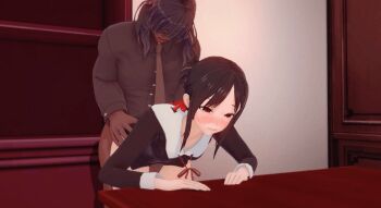 1boy 1girl 3d animated animated_gif ass_grab black_hair blush bottomless bouncing_breasts breasts clenched_teeth desk doggystyle drewwkoi hetero kaguya-sama_wa_kokurasetai_~tensai-tachi_no_renai_zunousen~ koikatsu_(medium) looping_animation sex sex_from_behind shinomiya_kaguya small_breasts tears teeth vaginal
