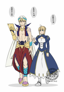 1boy 1girl ahoge armor artoria_pendragon_(fate) blonde_hair blue_dress blue_vest braid breasts cleavage_cutout clothing_cutout commentary_request cropped_vest dress earrings fate/grand_order fate_(series) gauntlets gilgamesh gilgamesh_(caster)_(fate) gilgamesh_(fate) greaves green_eyes hat highres holding holding_tablet_pc jewelry long_dress moonlight_0423 pointing red_eyes revision saber_(fate) shoulder_tattoo single_gauntlet small_breasts tablet_pc tattoo translation_request twitter_username vest watermark white_hat