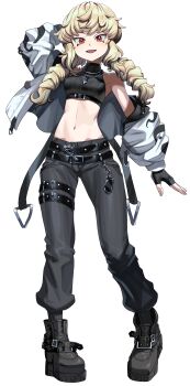 1girl absurdres bare_shoulders blonde_hair blonde_ojousama_(sagix) boots breasts commentary_request commission crop_top drill_hair fingerless_gloves full_body gloves highres jacket jewelry long_hair looking_at_viewer navel necklace oggy_(oggyoggy) open_clothes open_jacket original pixiv_commission red_eyes small_breasts smile solo transparent_background