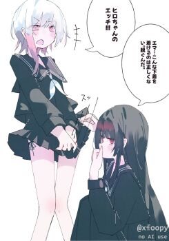 artist_name bare_legs black_hair black_panties black_sailor_collar black_serafuku black_shirt black_skirt check_translation clothes_pull foopy gradient_hair highres long_hair long_skirt mahou_shoujo_no_majo_saiban miniskirt multicolored_hair neckerchief nikaido_hiro panties pink_eyes pink_hair red_eyes sailor_collar sakuraba_ema school_uniform serafuku shirt short_hair side-tie_panties signature skirt skirt_pull skirt_tug speech_bubble translation_request underwear upskirt white_hair white_neckerchief yuri