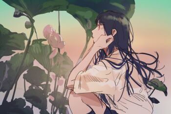 Rule 34 | 1girl, black hair, commentary request, flower, fly (marguerite), highres, long hair, original, pink eyes, shirt, solo, white shirt