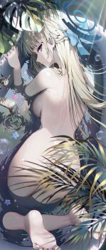 1girl ass backboob bathtub blonde_hair blue_archive blue_bow blue_bowtie blue_eyes blue_halo bow bowtie braid breasts convenient_censoring feet halo highres leaf lemonpear long_hair looking_at_viewer looking_back medium_breasts nude solo toki_(blue_archive)