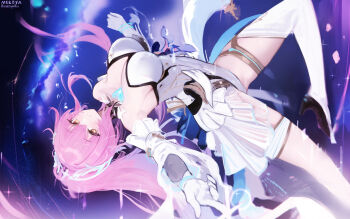 Rule 34 | 1girl, absurdres, aemeath (wuthering waves), artist name, bare shoulders, boots, breasts, closed mouth, commentary, commentary request, elbow gloves, english commentary, gloves, high heel boots, high heels, highres, leotard, long hair, looking at viewer, medium breasts, mixed-language commentary, nekoya (liu), orange eyes, pink hair, ponytail, showgirl skirt, skirt, smile, solo, strapless, strapless leotard, tacet mark (wuthering waves), white boots, white gloves, white leotard, white skirt, wuthering waves