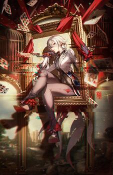 1girl absurdres arlecchino_(genshin_impact) black_eyes black_hair black_hands black_pants breasts chromatic_aberration closed_mouth colored_extremities crossed_legs daniel_deng ear_piercing elbow_on_knee floating_card genshin_impact glitch grey_vest high_heels highres jacket long_hair looking_at_viewer medium_breasts multicolored_hair pants picture_frame piercing red_pupils shadow solo streaked_hair symbol-shaped_pupils vest white_hair white_jacket x-shaped_pupils
