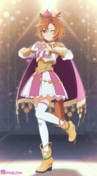 1girl animal_ears armor blush boots breasts cape closed_mouth crown ear_ornament fingerless_gloves gloves gold_armor gold_boots gold_corset hair_between_eyes heart heart_hands highres horse_ears horse_girl horse_tail jewelry long_sleeves looking_at_viewer meiji_(kurumierika) mini_crown multiple_rings one_eye_closed orange_hair orange_tail pink_cape pink_crown purple_eyes ring shirt short_hair shoulder_armor single_glove skirt smile solo standing standing_on_one_leg t.m._opera_o_(o_sole_suo!)_(umamusume) t.m._opera_o_(umamusume) tail thighhighs two-tone_skirt umamusume white_shirt white_thighhighs