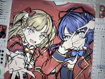 2girls :d art_program_in_frame art_program_request black_vest blue_bow blue_bowtie blue_eyes blue_hair bow bowtie brown_hair collared_shirt commentary_request dollchestra double_v enpara_chiba hair_bow highres jacket kachimachi_kosuzu link!_like!_love_live! long_hair looking_at_viewer love_live! multiple_girls murano_sayaka official_alternate_costume open_clothes open_hand open_jacket open_mouth photo_(medium) pink_eyes plaid_clothes plaid_jacket ponytail red_background red_bow red_bowtie red_jacket shirt smile two_side_up unfinished v v_over_eye vest virtual_youtuber white_shirt yellow_bow yellow_bowtie