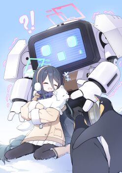 !? +++ 1girl absurdres animal aris_(blue_archive) aris_(winter)_(blue_archive) black_hair blue_archive closed_eyes fox green_halo halo highres holding holding_animal kei_(amas)_(blue_archive) kei_(blue_archive) kurana_(atlas) long_hair pantyhose rectangular_halo red_halo robot scarf