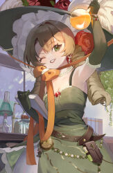 Rule 34 | 1girl, alchemy, alcohol burner, arm up, armpits, belt pouch, blonde hair, book, bow, breasts, chin strap, cleavage, clock, dress, drill hair, earrings, erlenmeyer flask, facing viewer, flask, flower, gloves, green dress, green eyes, green gloves, green hat, grin, hat, hat feather, hat flower, highres, holding, holding book, holding flask, jewelry, kuronuma s, large hat, long hair, looking at viewer, looking up, necklace, one eye closed, orange bow, pearl necklace, potion, pouch, reverse:1999, round-bottom flask, sleeveless, sleeveless dress, smile, solo, sotheby, sun hat, tripod (laboratory), twin drills, upper body