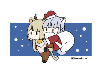 2girls animal_costume animal_ear_fluff animal_ears animal_hands antlers assault_lily bell black_shoes blonde_hair blue_background blunt_bangs braid carrying carrying_person cat_ears cat_girl cat_paws cat_tail chibi christmas deer_antlers fake_antlers fake_beard fake_facial_hair fake_horns full_body fur-trimmed_headwear fur-trimmed_jacket fur_trim grey_hair hands_up hat horns jacket kabayaki_(kabayaki_eel) kemonomimi_mode kon_kanaho long_hair long_sleeves looking_ahead miyagawa_takane multiple_girls neck_bell no_mouth pants piggyback pom_pom_(clothes) red_hat red_jacket red_pants reindeer_costume sack santa_costume santa_hat shoes side_braid snowing solid_oval_eyes tail tilted_headwear twitter_username two-tone_background walking white_background