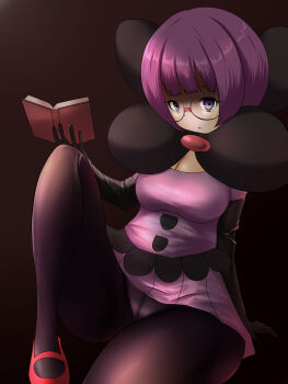 1girl black_pantyhose blunt_bangs bob_cut book bow breasts cleavage elbow_gloves glasses gloves highres holding holding_book knee_up large_bow low-cut medium_breasts neck_pillow nintendo panties panties_under_pantyhose pantyhose pokemon pokemon_bw purple_eyes purple_hair purple_skirt rimless_eyewear round_eyewear shauntal_(pokemon) short_hair skirt sneezy solo underwear