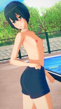 1girl 3d artist_request ass black_hair blue_male_swimwear blue_swim_trunks breasts chain-link_fence character_request clenched_hand copyright_request cowboy_shot female_focus fence flat_chest from_side green_eyes hair_between_eyes highres looking_at_viewer looking_to_the_side male_swimwear male_swimwear_challenge nipples open_mouth pool poolside reverse_trap short_hair solo source_request standing swim_trunks tagme topless_female water