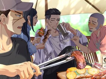 Rule 34 | 1girl, 3boys, asirpa, baseball cap, black hair, black shirt, blush, buzz cut, commentary request, contemporary, facial hair, food, fruit, goatee, golden kamuy, hat, hawaiian shirt, highres, holding, holding food, holding tongs, lemon, lemon slice, multiple boys, ogata hyakunosuke, one eye closed, open mouth, pink shirt, sapporo beer, scar, scar on face, shiraishi yoshitake, shirt, shish kebab, short hair, sugimoto saichi, tongs, umbrella, very short hair, washiko (rasuko)