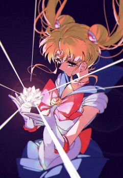 1girl bishoujo_senshi_sailor_moon blonde_hair blue_eyes blue_sailor_collar blue_skirt bow bowtie choker circlet commentary double_bun english_commentary floating_hair glint gloves hair_bun highres magical_girl pochi_(askas_is_god) red_bow red_bowtie red_choker sailor_collar sailor_moon sailor_senshi_uniform simple_background skirt solo tsukino_usagi twintails white_gloves