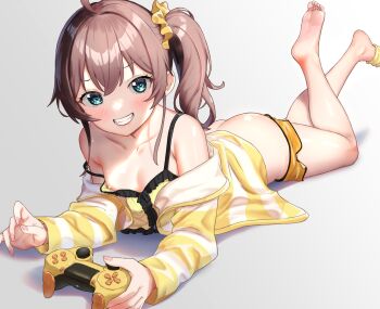 1girl ahoge ass bare_shoulders barefoot black_bow blue_eyes blush bow breasts brown_hair butt_crack camisole center_frills clothes_pull controller frilled_camisole frills fuyukawa_(kogimiwa64338) game_controller grin hair_between_eyes hair_ornament hair_scrunchie holding holding_controller holding_game_controller hololive jacket long_sleeves looking_at_viewer natsuiro_matsuri natsuiro_matsuri_(matsuri's_day_off) nipple_slip nipples off_shoulder open_clothes open_jacket orange_nails orange_shorts scrunchie short_shorts shorts shorts_pull side_ponytail sleepwear small_breasts smile sock_pull socks soles solo strap_slip striped_clothes striped_jacket sweat virtual_youtuber white_background white_jacket yellow_camisole yellow_jacket yellow_scrunchie yellow_socks