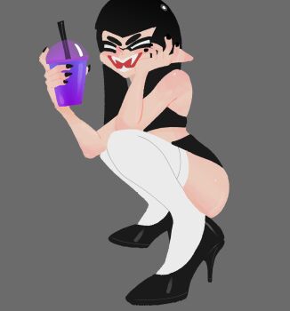 1girl breasts closed_eyes earrings high_heels highres inkling inkling_girl inkling_player_character jewelry long_hair mini_woomy nintendo open_mouth splatoon_(series) splatoon_1 splatoon_2 splatoon_3 squid v-mon woomy