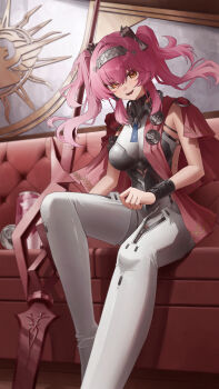 1girl absurdres armor black_bow bodysuit boots bow breastplate breasts can chinese_commentary collar commentary_request drink_can feet_out_of_frame hair_between_eyes hair_bow hairband hakone_(okome_0141_jp) headgear highres indoors large_breasts long_hair looking_at_viewer lupa_(wuthering_waves) metal_collar metal_hairband multiple_hair_bows open_mouth orange_eyes pink_hair polearm red_pupils red_sash sash sitting smile solo tacet_mark_(wuthering_waves) thigh_boots twintails weapon white_bodysuit white_boots wrist_guards wuthering_waves