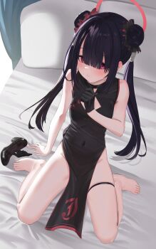 1girl absurdres alternate_costume arm_support bandaid bandaid_on_foot bare_shoulders barefoot bed bed_sheet black_choker black_dress black_footwear black_gloves black_scrunchie blue_archive blunt_bangs blush breasts china_dress chinese_clothes choker cleavage_cutout clothing_cutout covered_eyes covered_groin covered_navel diamond_cutout double_bun dress full_body gloves hair_bun hair_intakes hair_ornament hair_over_eyes hair_scrunchie hair_tubes halo haoma high_heels highres justice_task_force_member_(blue_archive) loli long_bangs long_hair looking_at_viewer mandarin_collar no_headwear on_bed parted_lips pelvic_curtain pillow print_dress red_eyes red_halo red_trim scrunchie shy side_slit sidelighting sidelocks single_bare_arm sitting skinny sleeveless sleeveless_dress small_breasts solo sweater thigh_strap twintails unworn_gloves unworn_shoe wariza