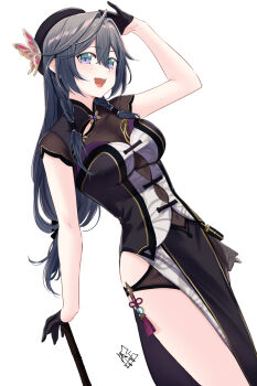1girl ahoge akira_miku_ver animal_print arm_up beret black_dress black_gloves black_hair black_hat braid breasts butterfly_hair_ornament butterfly_hat_ornament butterfly_print cane china_dress chinese_clothes clothing_cutout dress gloves gradient_eyes grey_hair hair_between_eyes hair_ornament half_gloves hat hat_ornament highres holding holding_cane kisara_(1st_costume)_(nijisanji) kisara_(nijisanji) large_breasts long_hair looking_at_viewer low_twin_braids maid multicolored_eyes nijisanji open_mouth print_dress purple_eyes qi_maid side_slit signature smile solo tassel thighs twin_braids virtual_youtuber white_background