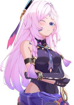 1girl armlet arms_under_breasts asymmetrical_gloves bangle bare_shoulders black_gloves black_leotard blue_eyes blush bracelet braid breasts citlali_(genshin_impact) commentary_request cowboy_shot elbow_gloves facial_mark floating_headgear forehead_mark genshin_impact gloves hair_intakes headgear highres jewelry leotard long_hair looking_at_viewer medium_breasts moni_(moni7475) one_eye_closed parted_bangs pink_hair pink_pupils ribbed_leotard ring_hair_ornament side_braids simple_background single_elbow_glove solo triangle triangle_facial_mark vision_(genshin_impact) white_background