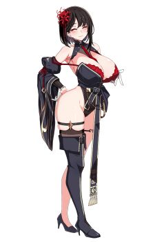 1girl armpit_crease armpits bare_hips bare_shoulders between_breasts black_hair black_shoes black_sleeves boots bra bra_strap breasts buckle closed_eyes detached_sleeves dot_nose earrings emblem eyebrows_hidden_by_hair eyeliner flower full_body game_cg gloves gold_earrings hair_flower hair_ornament half_gloves high_heels highleg highleg_leotard highres huge_breasts jewelry leotard light_smile lisa_(lost_sword) loose_clothes lost_sword:_tales_of_britania makeup mole mole_on_breast mole_under_mouth necktie necktie_between_breasts official_art pink_lips red_bra red_eyeliner red_necktie shoes short_hair sideboob single_bare_leg single_earring single_thigh_boot skindentation solo spider_lily standing thigh_boots thigh_strap third-party_source underwear white_gloves wide_sleeves