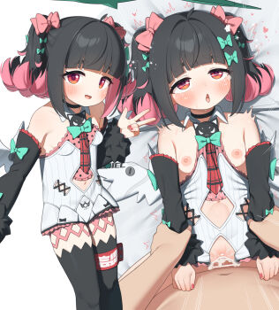 1boy 1girl arched_bangs bar_censor bed_sheet black_hair black_sleeves black_thighhighs blunt_bangs blush bow breasts censored clothing_cutout colored_inner_hair commentary_request cum cum_in_pussy cum_overflow dashed_eyes detached_sleeves diamond_cutout dress green_bow hair_bow hetero highres loli lying matanukinuki multicolored_hair multiple_hair_bows nangong_yu navel navel_cutout nipples on_back open_mouth pink_bow pink_hair red_eyes red_nails rolling_eyes sex small_breasts stomach_bulge thighhighs twintails two-tone_hair vaginal w white_dress white_wings wings zenless_zone_zero