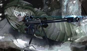 1girl aiming black_gloves blonde_hair blue_eyes closed_mouth coat commentary_request gloves green_coat green_hood gun hair_over_one_eye highres holding holding_gun holding_weapon hood hood_up kanako_(kankoillust6699) long_hair long_sleeves lying on_side original outdoors rifle sniper_rifle snow snowing solo stone_pillar weapon