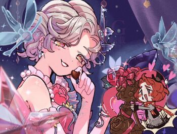 1boy 1girl :d blonde_hair blush butterfly_hair_ornament candy chibi chocolate chocolate_heart colored_eyelashes commentary_request earrings elbow_gloves fairy flower food frilled_gloves frills gloves grey_eyes grin hair_intakes hair_ornament hat heart heart-shaped_food highres holding holding_chocolate holding_food identity_v jewelry looking_at_viewer margaretha_zelle margaretha_zelle_(sylphide) mini_hat mini_top_hat multicolored_eyes off_shoulder official_alternate_costume open_mouth perorinsr pink_eyes pink_flower pink_lips pink_rose red_hair rose smile smirk striped_blush top_hat two-tone_eyes updo weeping_clown_(identity_v) white_gloves yellow_eyes