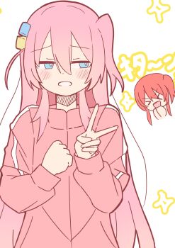 &gt;_&lt; 2girls absurdres alternate_hairstyle blue_eyes blush bocchi_the_rock! commentary_request cube_hair_ornament dot_nose gotoh_hitori hair_between_eyes hair_ornament hands_up highres jacket kita_ikuyo long_sleeves multiple_girls nuuji_nuge one_side_up open_mouth parted_lips pink_jacket raised_inner_eyebrows simple_background smile solo_focus upper_body v white_background