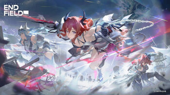 Rule 34 | 3girls, arknights, arknights: endfield, black boots, blue hair, blunt bangs, boots, commentary, copyright logo, copyright notice, demon girl, demon horns, demon tail, ember (arknights), english commentary, halo, high heel boots, high heels, highres, hime cut, holding, holding sword, holding weapon, horns, kuno (runkunochan), laevatain (arknights), last rite (arknights), logo, long hair, looking at viewer, multiple girls, official art, pointy ears, profile, purple eyes, red hair, short hair, snow, surtr (arknights), sword, tail, weapon