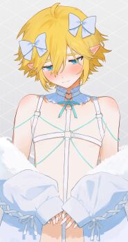Rule 34 | 1boy, absurdres, ahoge, alternate costume, androgynous, aotu world, bare shoulders, belt, blonde hair, blue bow, blue eyes, blue ribbon, blush, bow, chest harness, choker, closed mouth, clothes down, commentary, convenient censoring, crossdressing, crossdressing (mtf), detached collar, embarrassed, frilled choker, frills, fur-trimmed jacket, fur trim, grey background, hair between eyes, hair bow, harness, highres, jacket, king (aotu world), long sleeves, looking down, male focus, navel, neck ribbon, o-ring, o-ring choker, o-ring harness, off shoulder, open clothes, open jacket, pointy ears, revealing clothes, ribbon, short hair, sleeves past wrists, solo, string, trap, untranslatable commentary, upper body, velvet11, white belt, white bow, white choker, white jacket, white ribbon