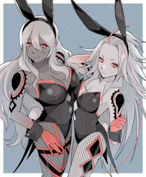 absurdres ai_the_somnium_files ai_the_somnium_files:_nirvana_initiative aiba_(ai_the_somnium_files) animal_ears bare_shoulders blue_background border breasts bright_pupils cleavage commentary_request cowboy_shot dark-skinned_female dark_skin fake_animal_ears fishnet_pantyhose fishnets greyscale greyscale_with_colored_background hair_between_eyes highres large_breasts leotard long_hair looking_at_viewer medium_breasts mole mole_under_mouth monochrome multicolored_hair ookutsuwa_waga outside_border pantyhose playboy_bunny rabbit_ears rabbit_tail red_eyes red_streaks smile spot_color strapless strapless_leotard streaked_hair tail tama_(ai_the_somnium_files) very_long_hair white_border white_pupils wrist_cuffs